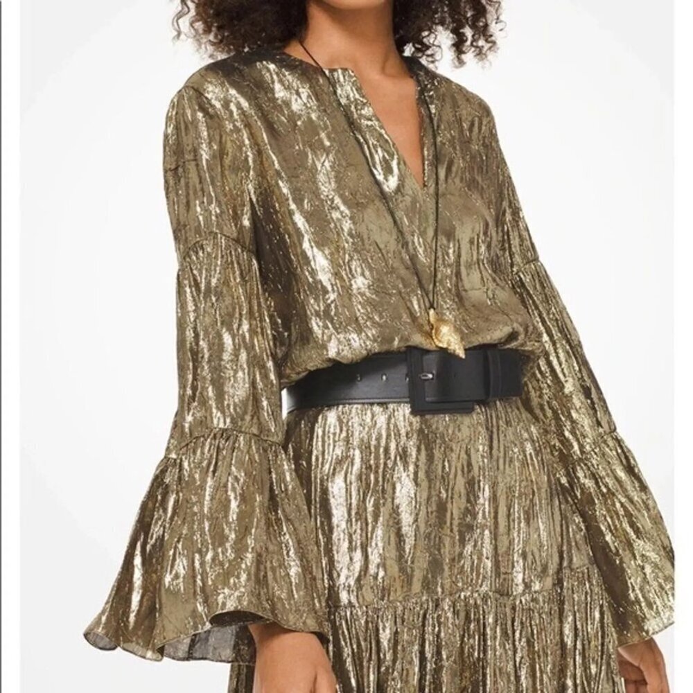 Michael Kors Collection Bell-Sleeve V-Neck Crushed-Lame Peasant Blouse, … - Picture 2 of 6